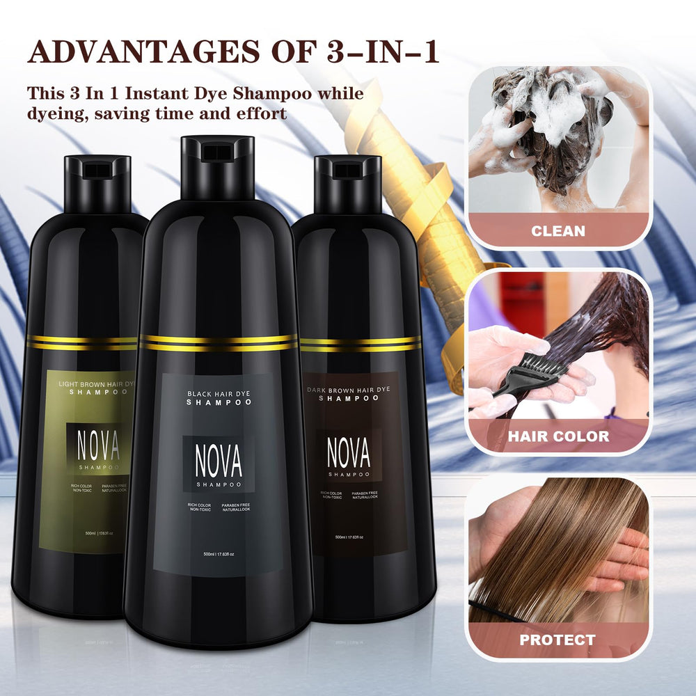 Nova Shampoo home-color-care scene conveys quick routine before work.