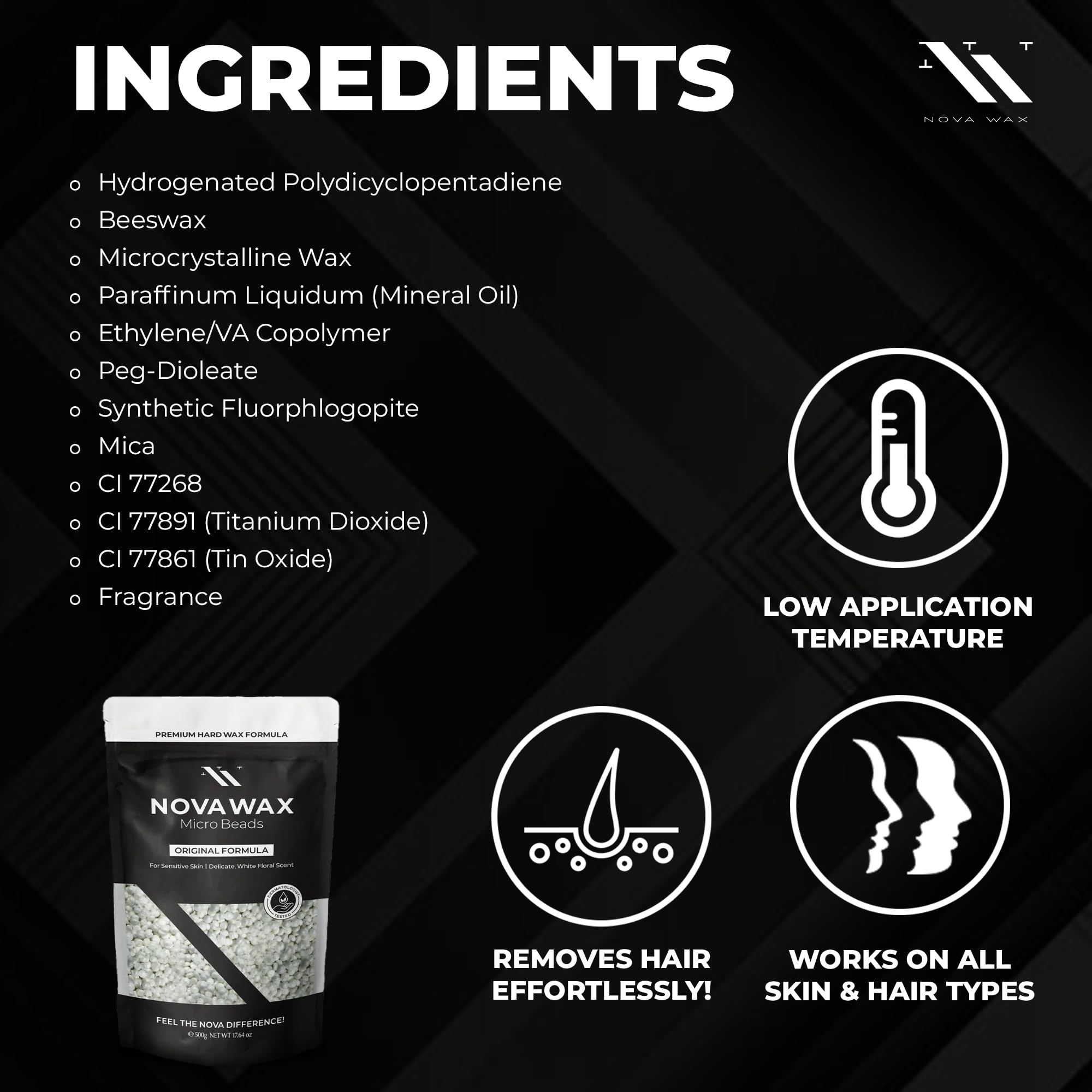 Nova Wax mineral-oil base leaves skin hydrated and soft after removal