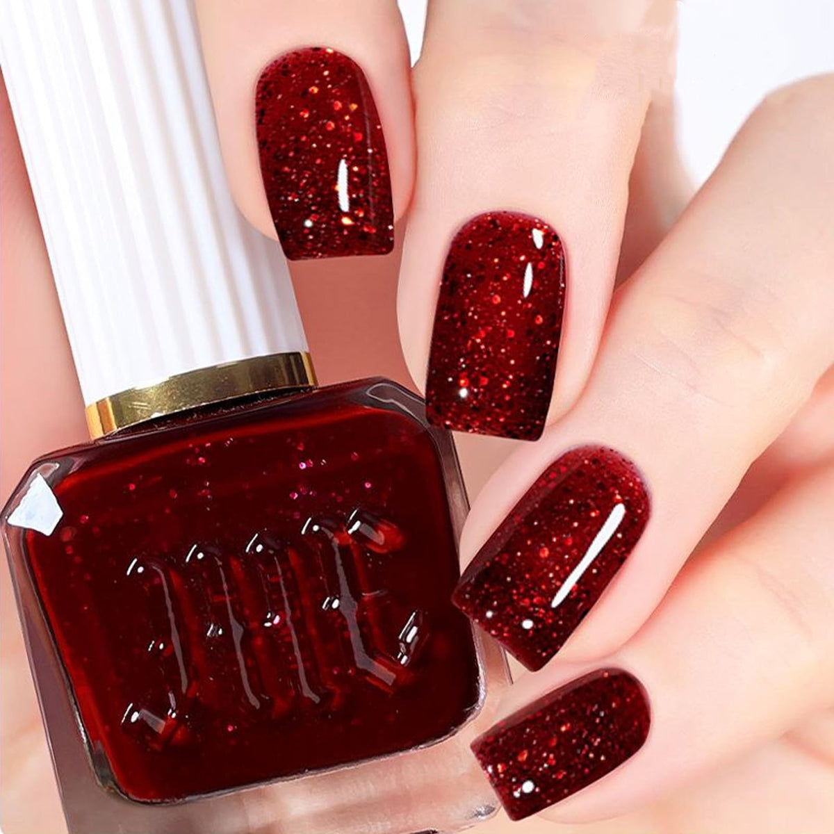 NovaCharm Dark Red Glitter Nail Polish bottle with bold burgundy sparkle.