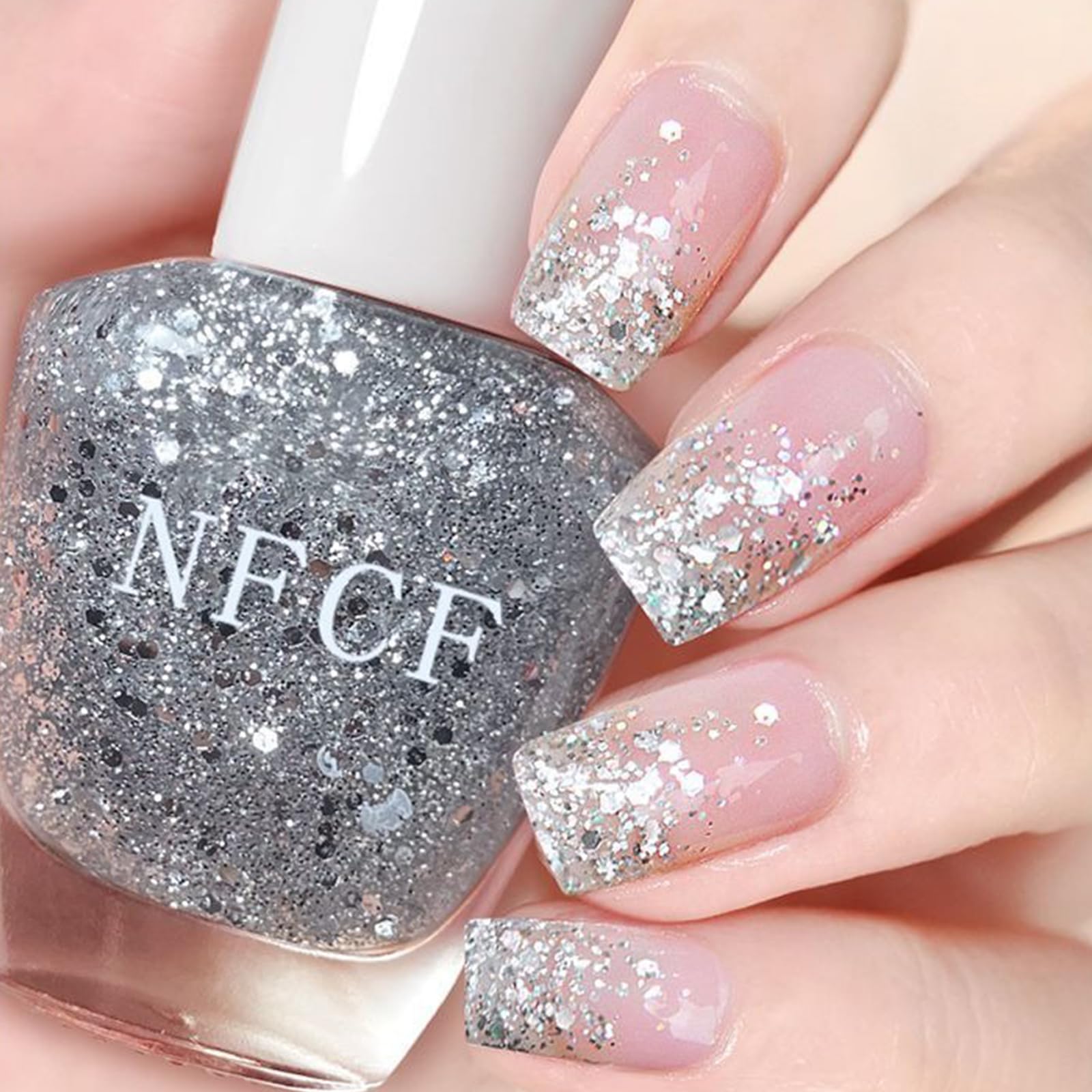 NovaCharm silver glitter nail polish bottle with shimmering finish for luxe manicure
