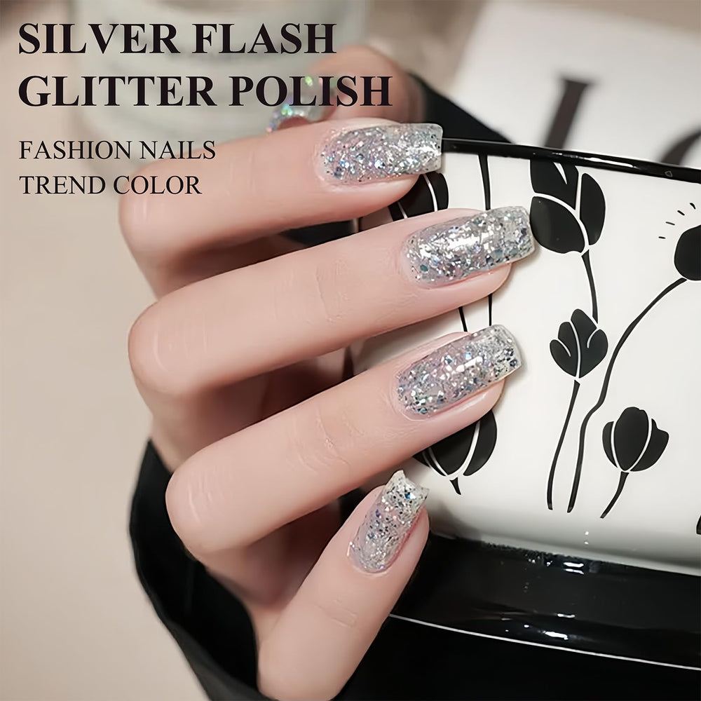 NovaCharm silver glitter nail polish dries quickly without UV lamp