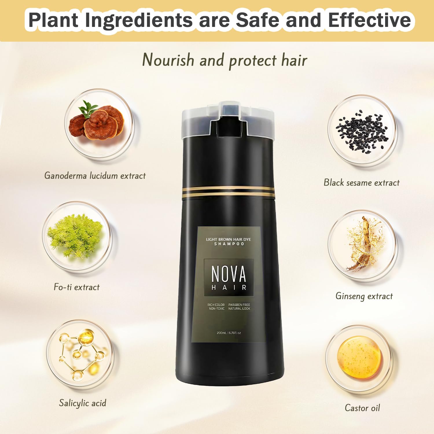 Nova Hair Dye Shampoo 15-20 minute wait delivers gray coverage.