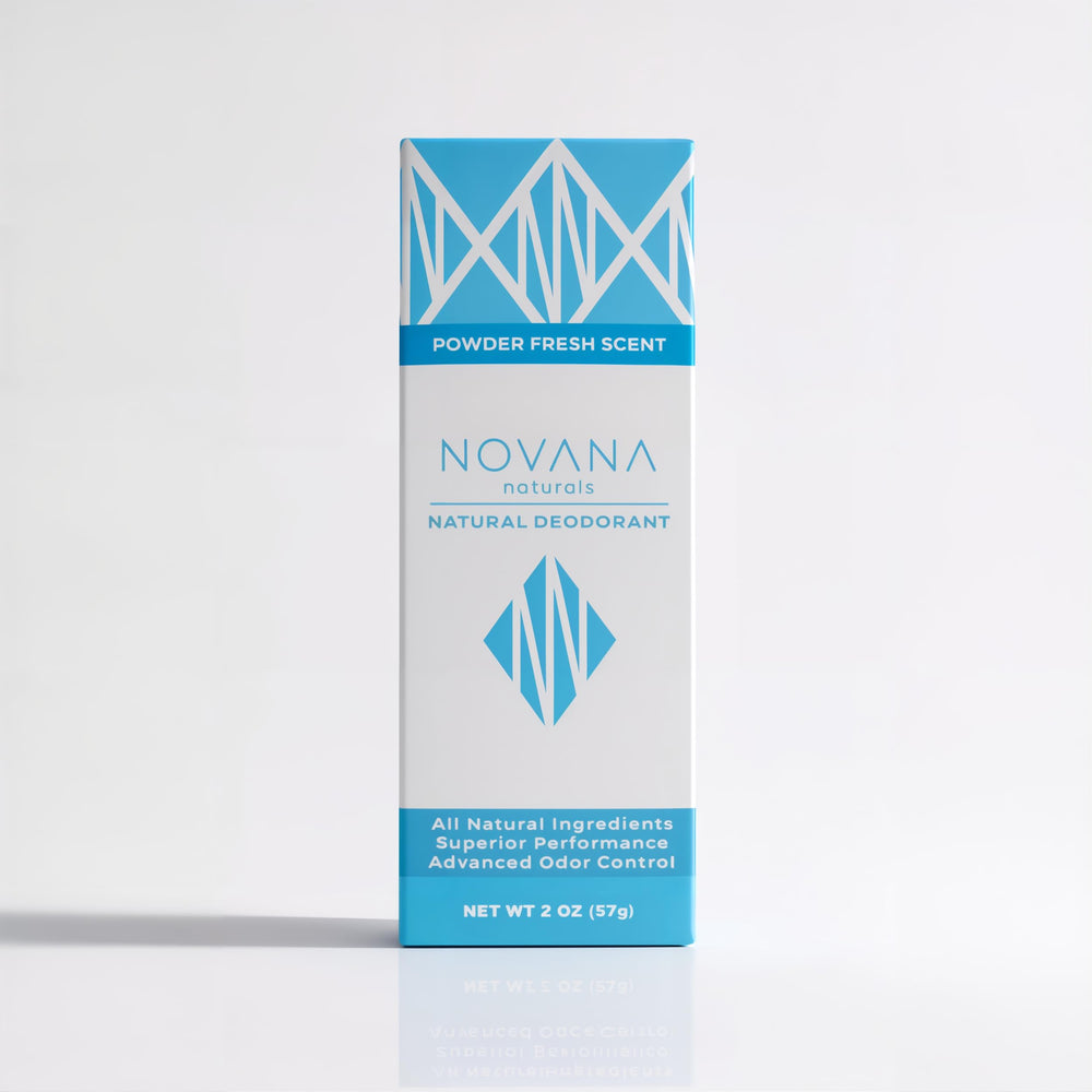 Novana Naturals deodorant bottle showing aluminum-free odor protection in a bathroom setting.
