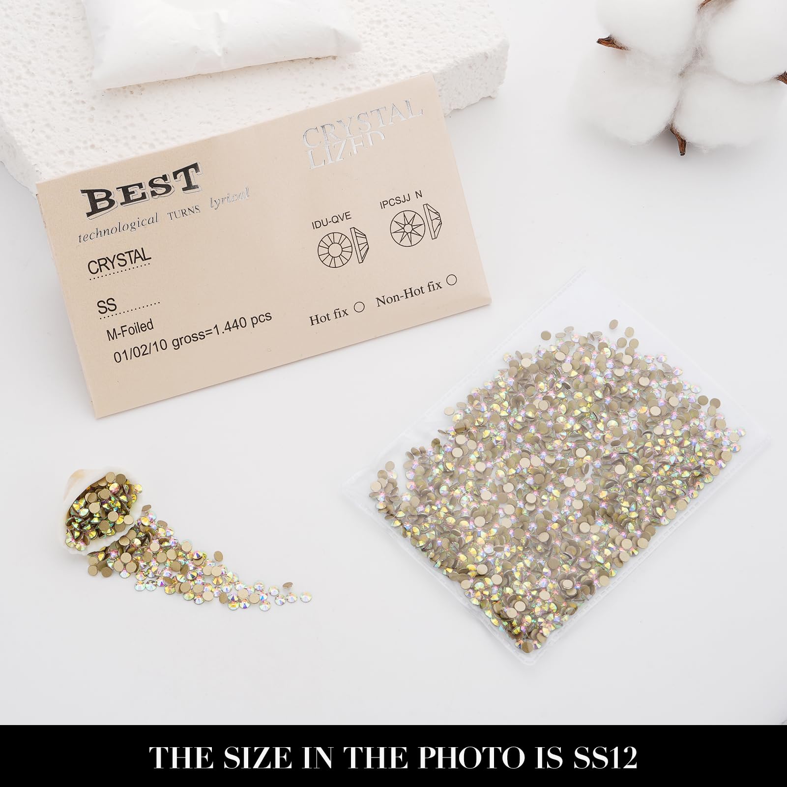 Starburst 16-facet rhinestones delivering high light reflection.