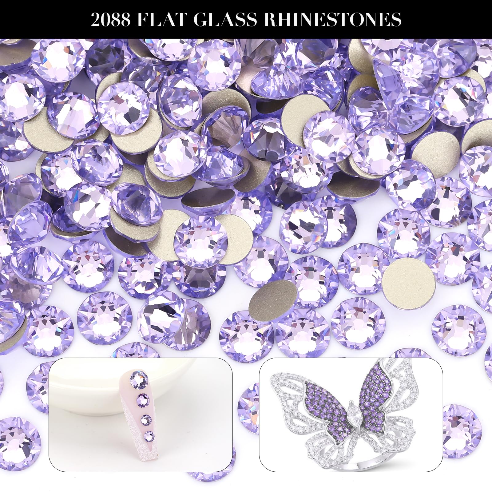 Novani amethyst rhinestones shine under light thanks to metal-backed reflection.