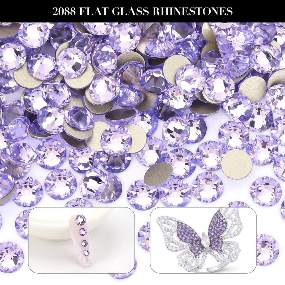 Novani amethyst rhinestones shine under light thanks to metal-backed reflection.
