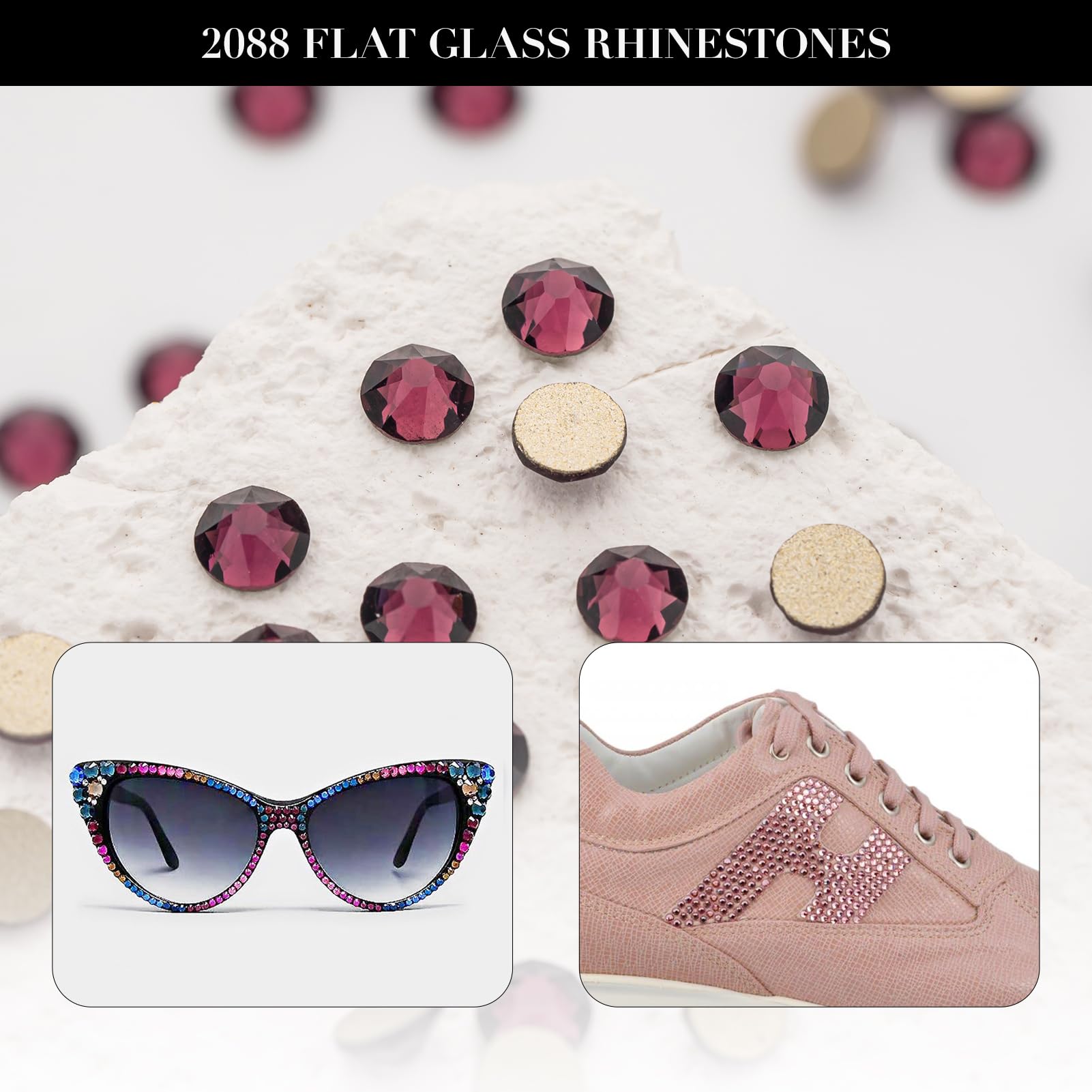 Novani purple rhinestones close-up shows 16 facets for dazzling light reflections.