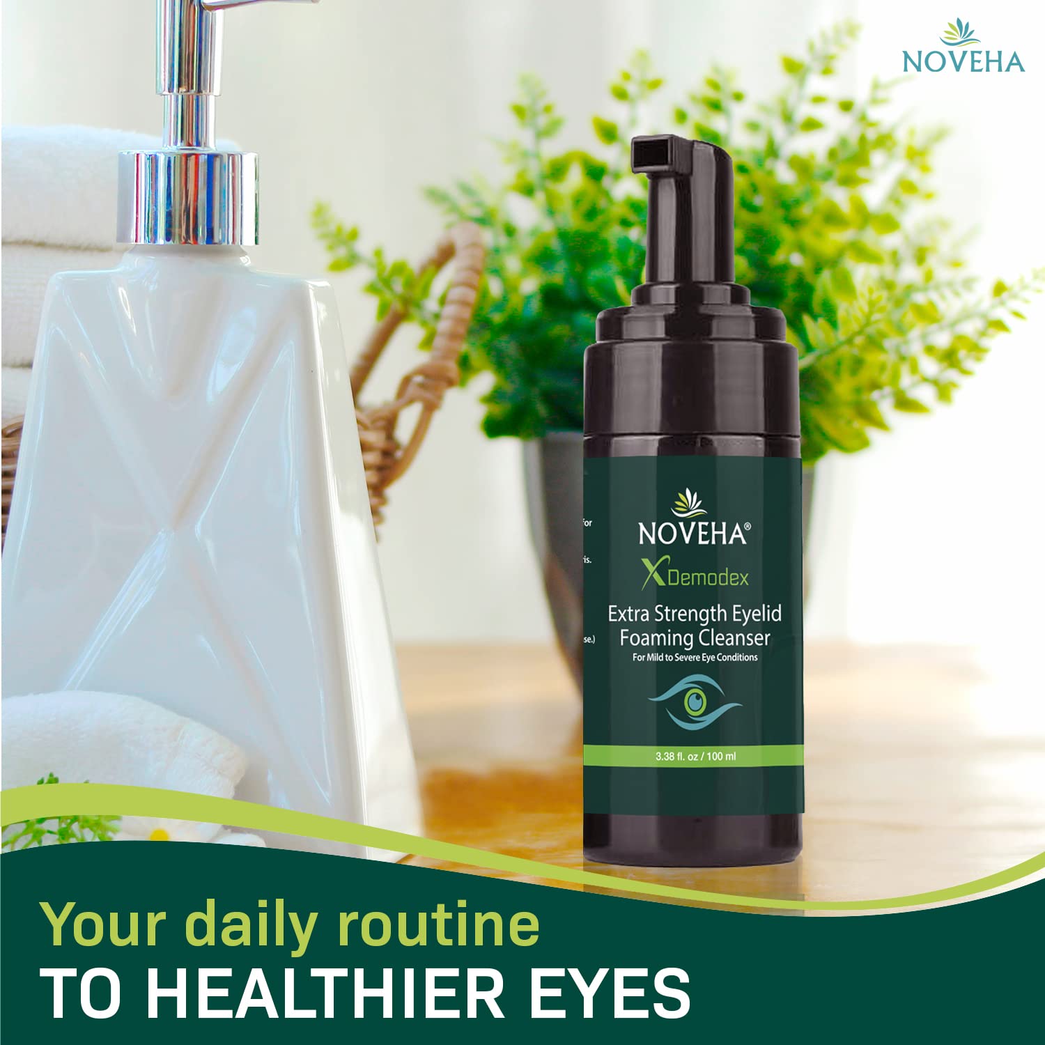 NOVEHA Daily cleansing routine shown with soft lather on eyelids.