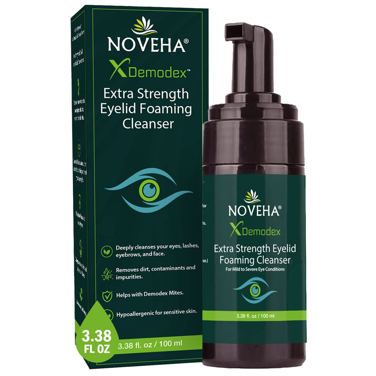 NOVEHA Demodex Eyelid Cleanser Foam bottle for daily eyelid cleansing.