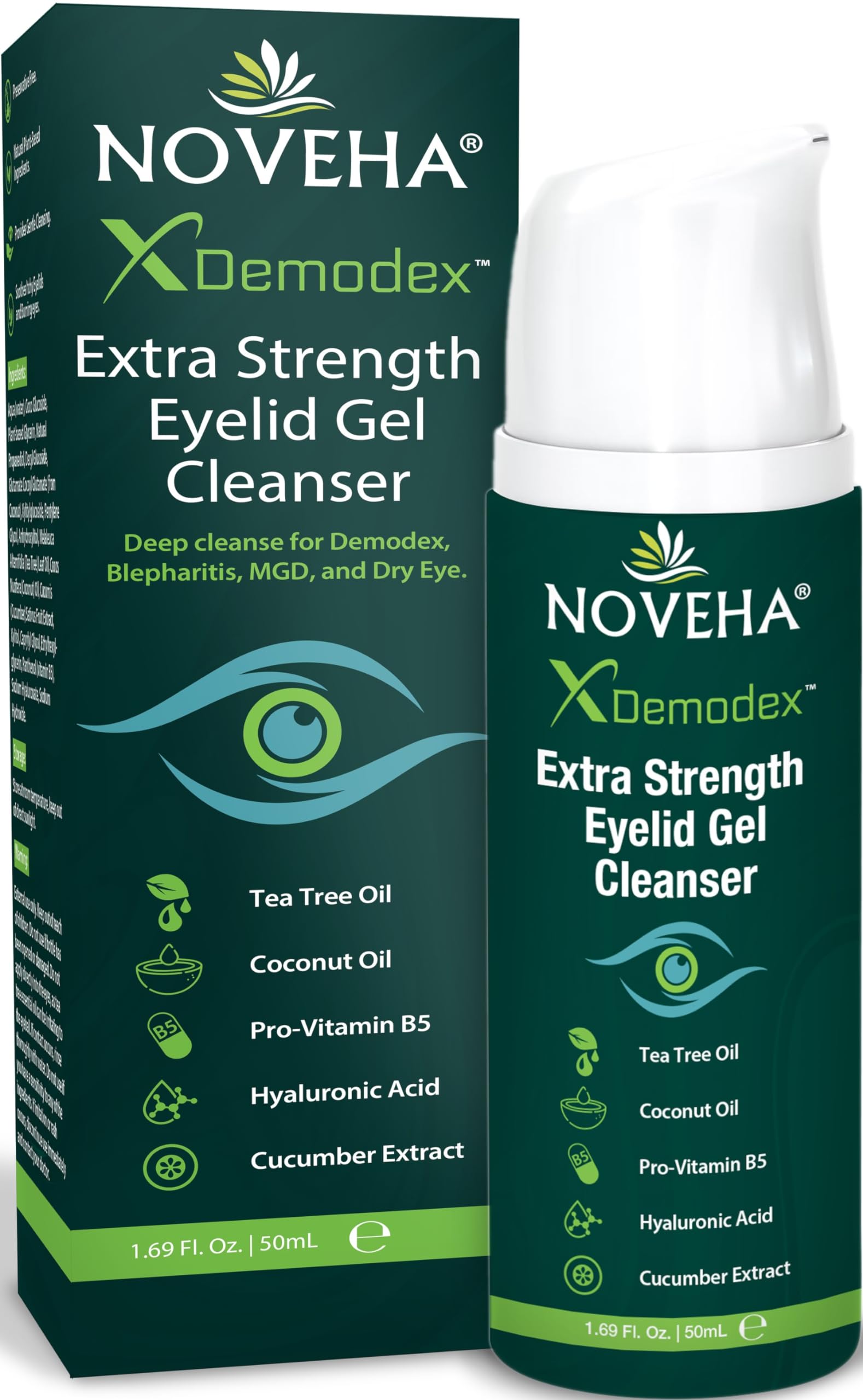 NOVEHA Demodex Eyelid Gel Cleanser bottle pour for gentle daily cleansing