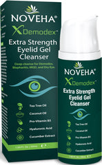 NOVEHA Demodex Eyelid Gel Cleanser bottle pour for gentle daily cleansing