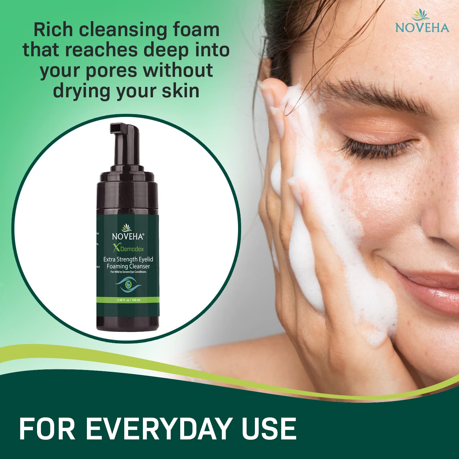 NOVEHA Demodex Cleanser Foam packaging underscores doctor-recommended eye care.