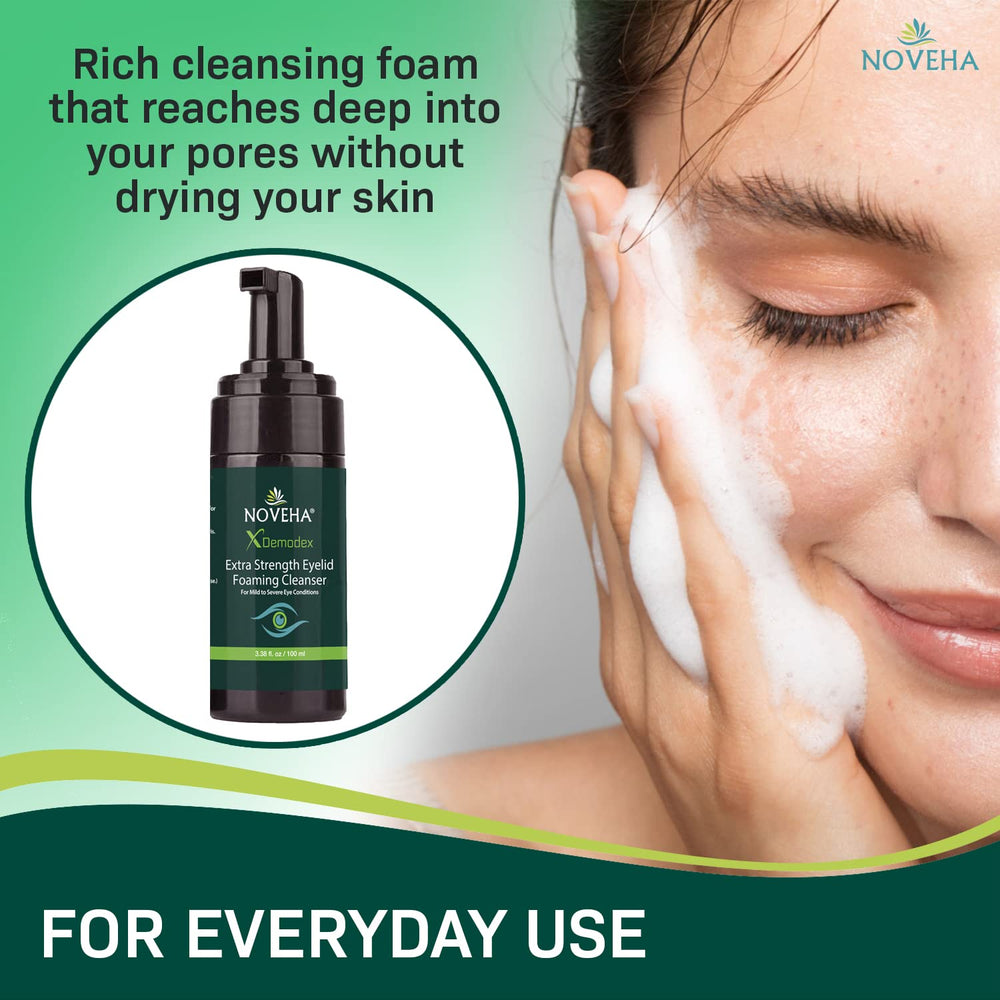 NOVEHA Demodex Cleanser Foam packaging underscores doctor-recommended eye care.