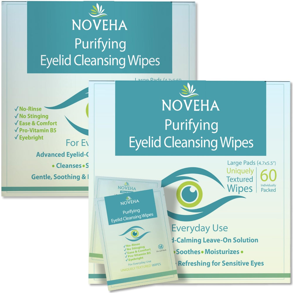 NOVEHA eyelid wipes packaging close-up showing compact travel-friendly design.