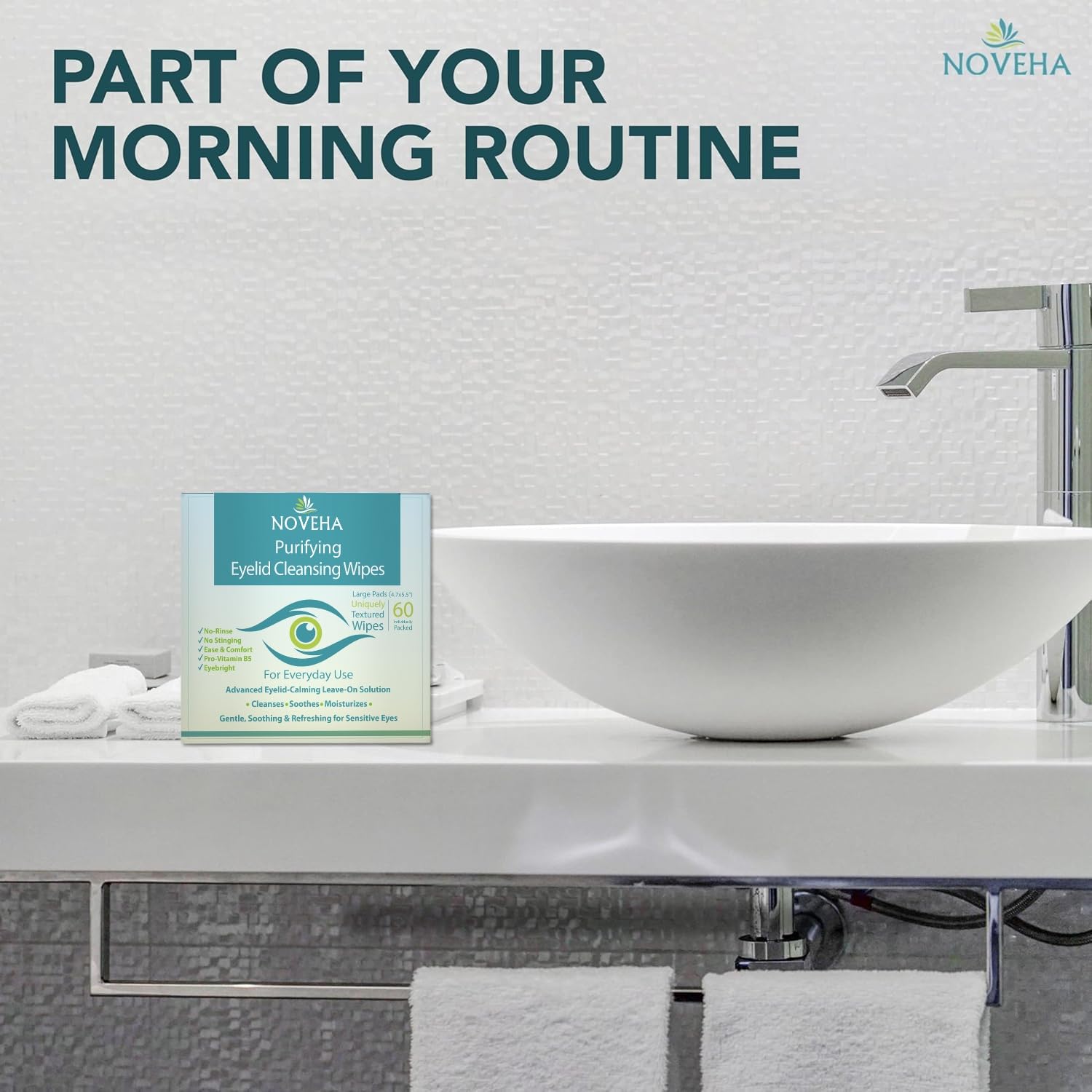 NOVEHA eyelid wipes safe for sensitive eyes during cleansing.