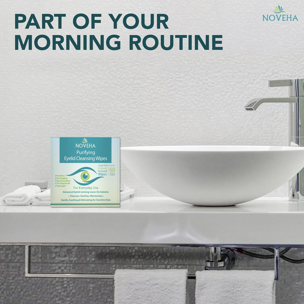 NOVEHA eyelid wipes safe for sensitive eyes during cleansing.