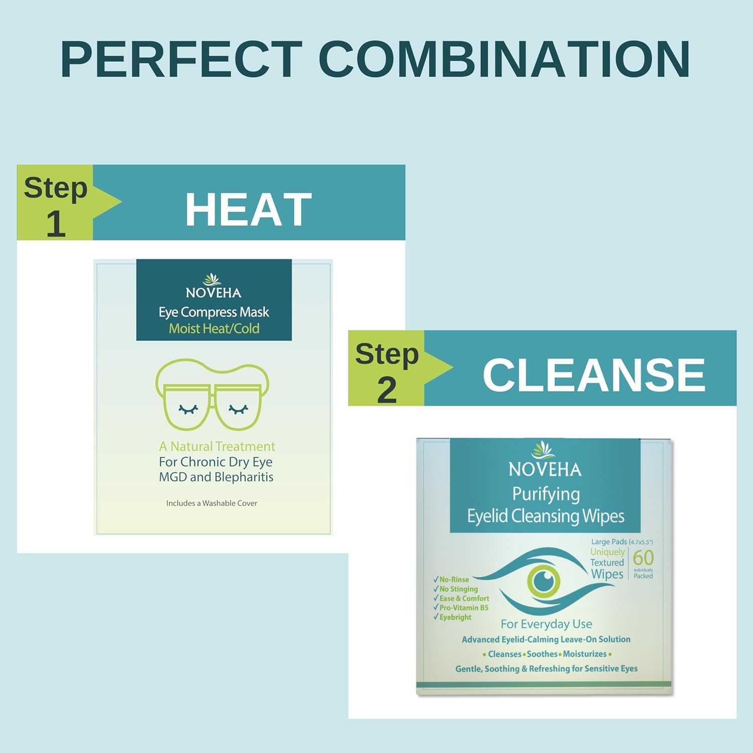 NOVEHA eyelid wipes vegan ingredients highlighted for natural cleaning.