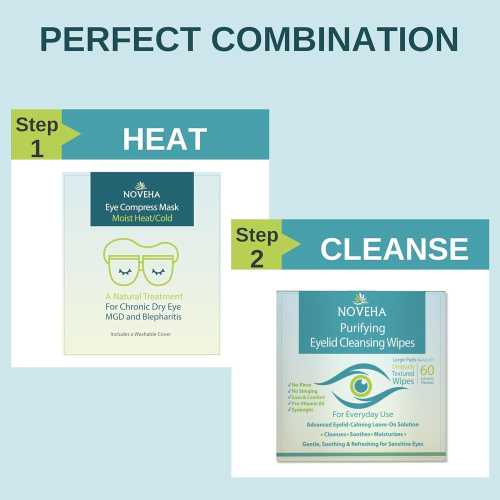 NOVEHA eyelid wipes vegan ingredients highlighted for natural cleaning.