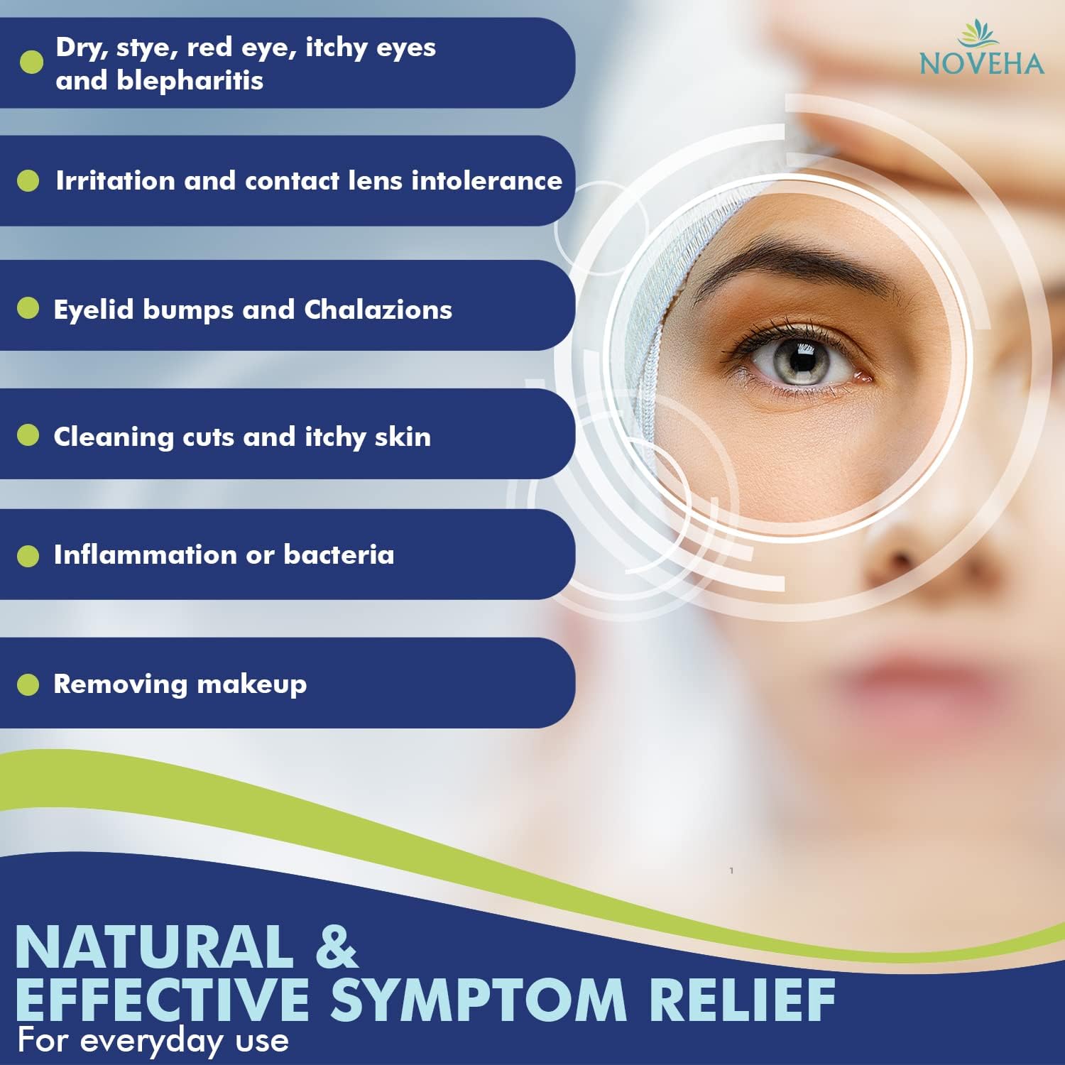 NOVEHA hypoallergenic wipe texture close up: gentle cleansing for sensitive eyes.