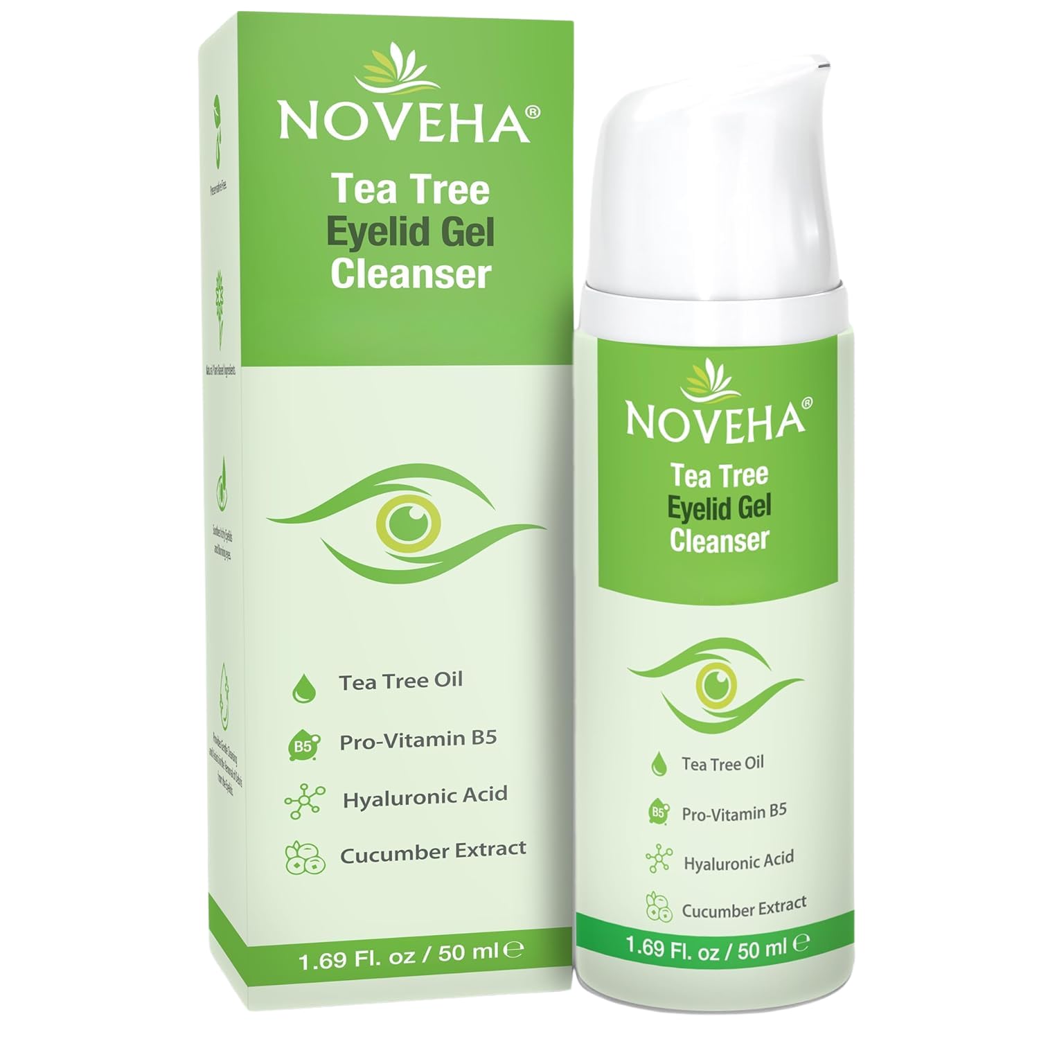 NOVEHA Tea Tree Eyelid Gel Cleanser bottle for gentle eyelid cleansing.