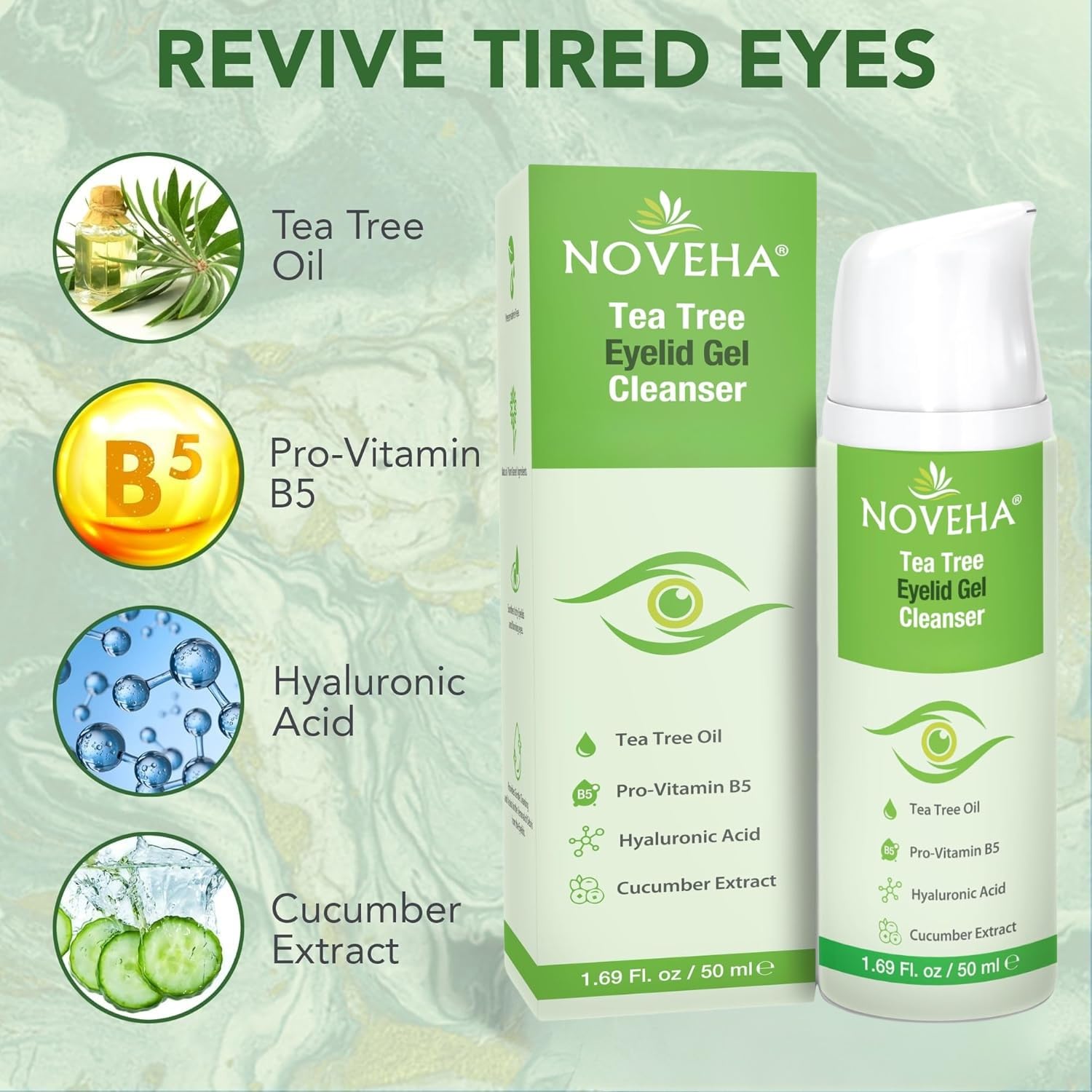 NOVEHA Tea Tree Eyelid Gel Cleanser dispenser enables easy daily use.