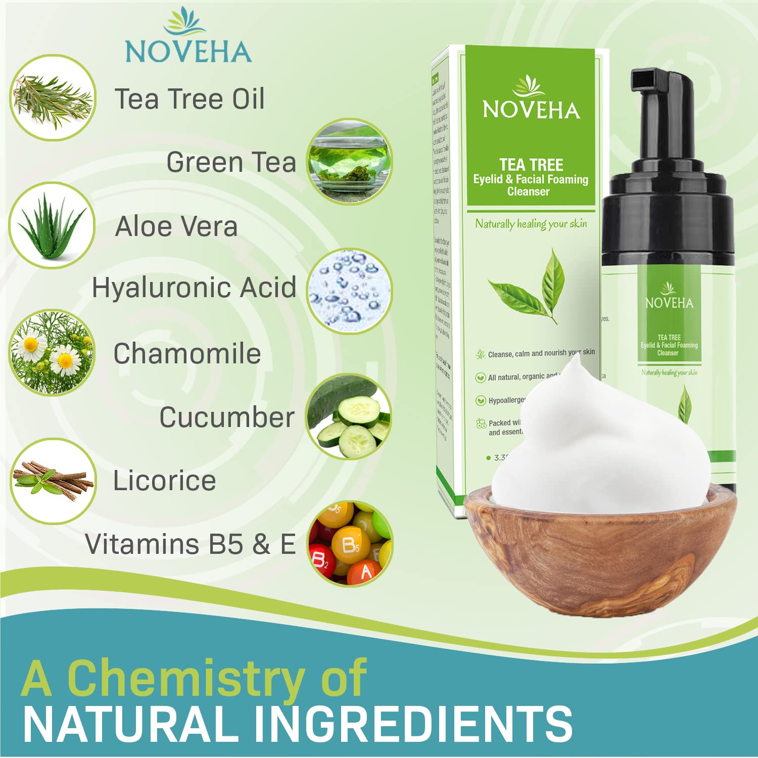 NOVEHA Tea Tree Foaming Cleanser gentle formula for sensitive eyelids and lashes.