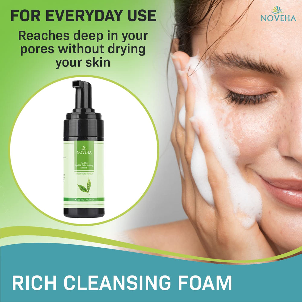 NOVEHA Tea Tree Foaming Cleanser vegan formula with aloe and green tea.