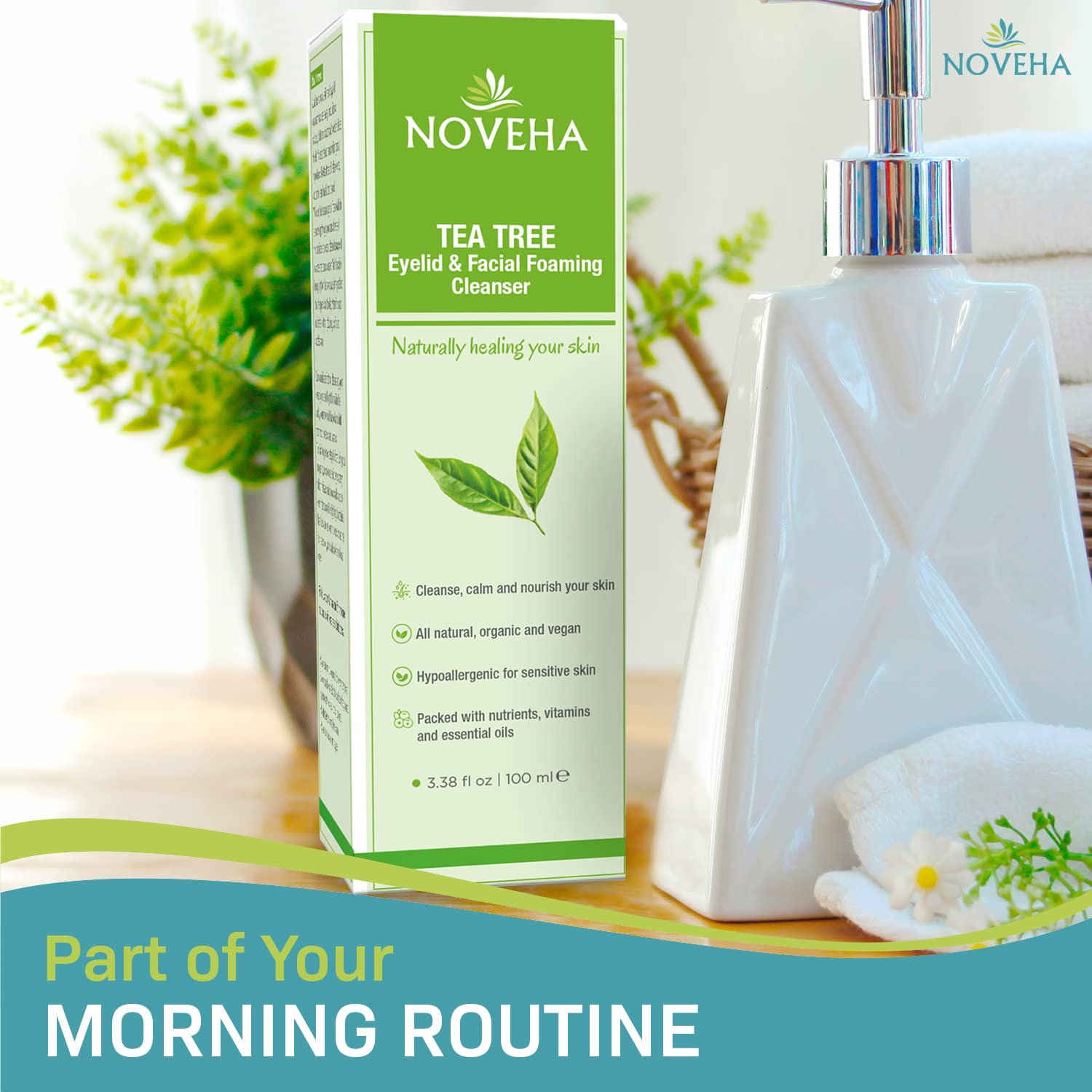 NOVEHA Tea Tree Foaming Cleanser suitable for all skin types and daily routines.