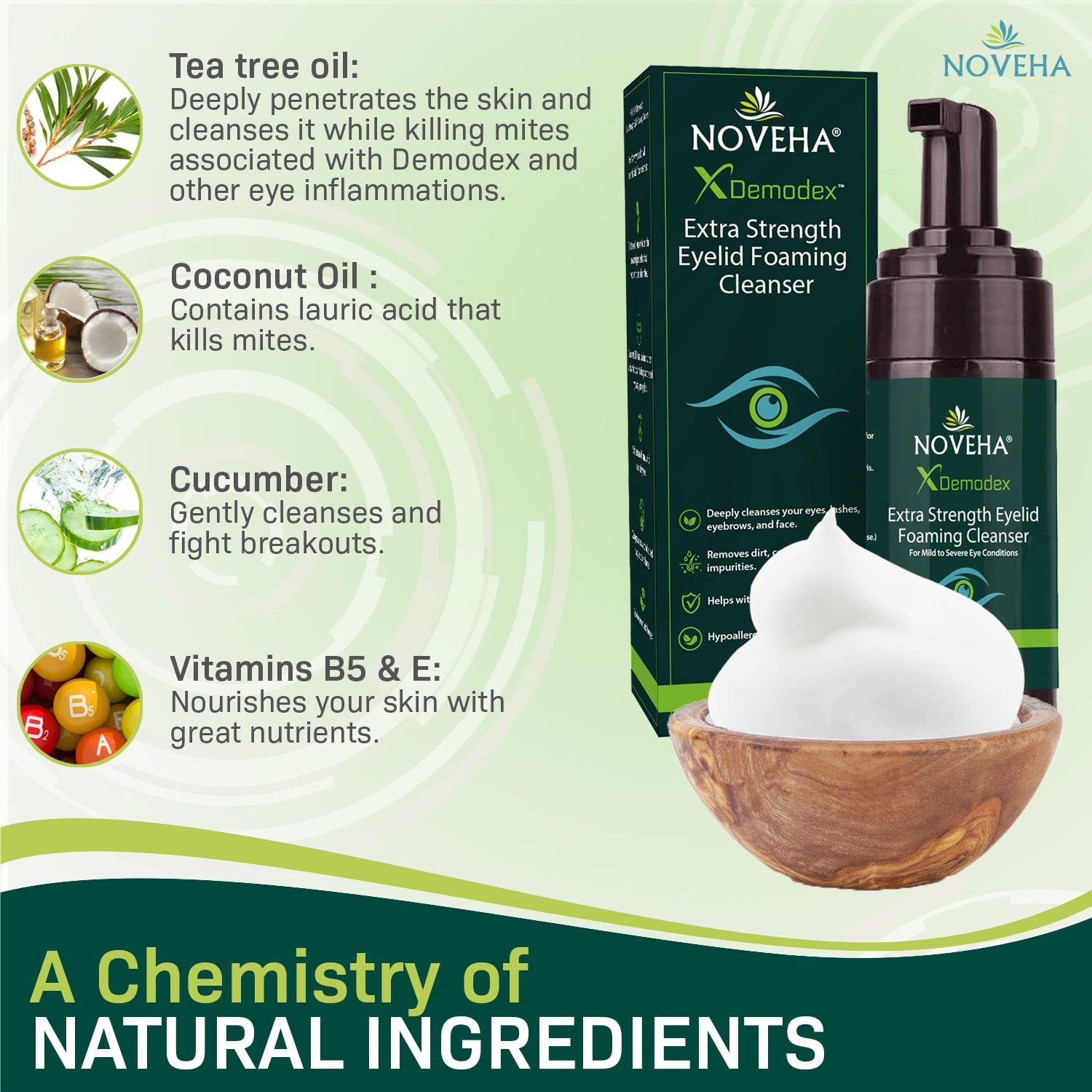 NOVEHA Tea Tree Oil formula foam close-up highlights gentle cleansing action.
