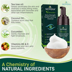 NOVEHA Tea Tree Oil formula foam close-up highlights gentle cleansing action.