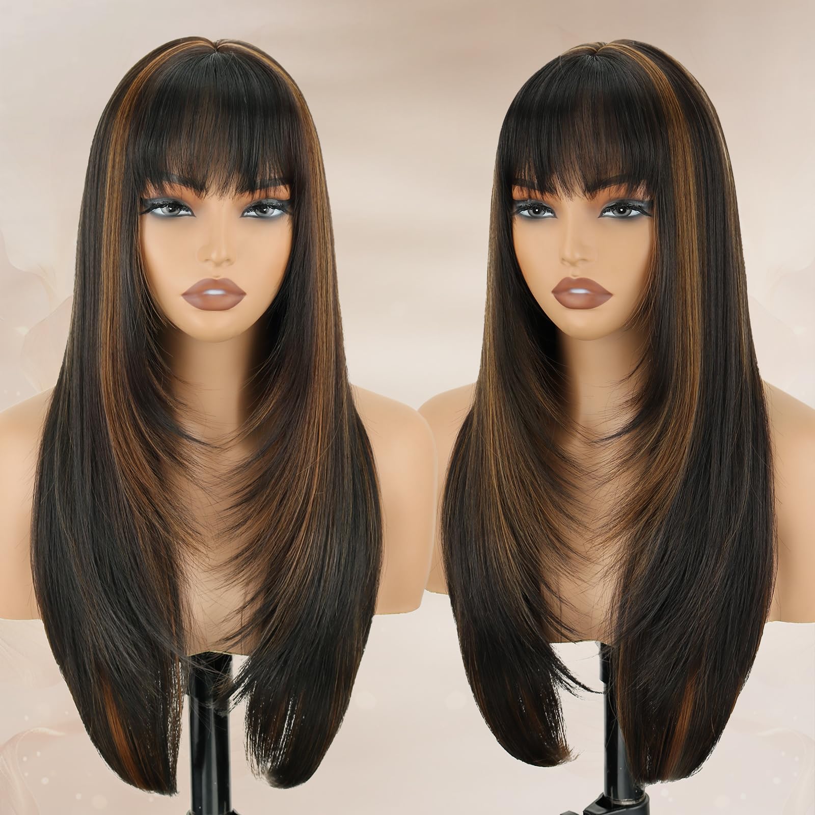 NOVFLKW highlight long straight wig with bangs 26-inch blends naturally for daily wear.