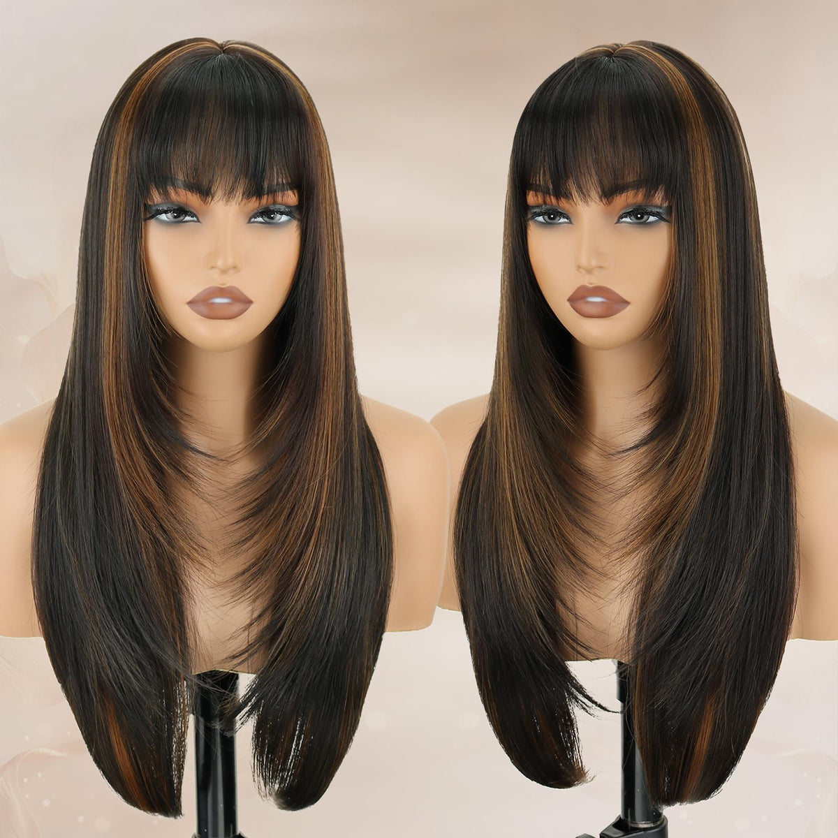 NOVFLKW highlight long straight wig with bangs 26-inch blends naturally for daily wear.