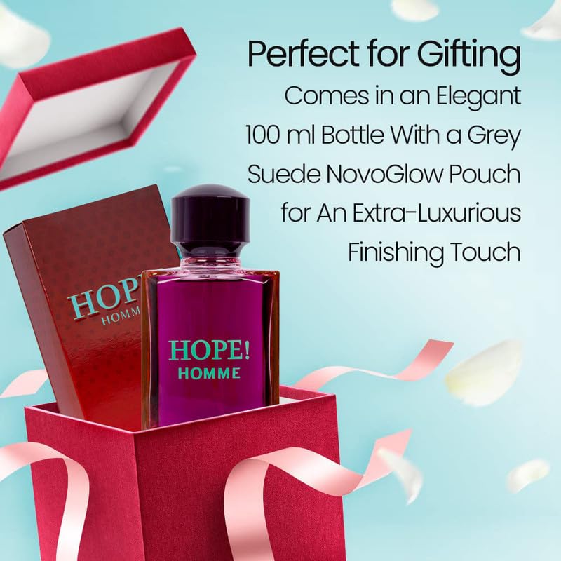 NovoGlow Hope Homme orange-blossom-bergamot top notes, bright start.