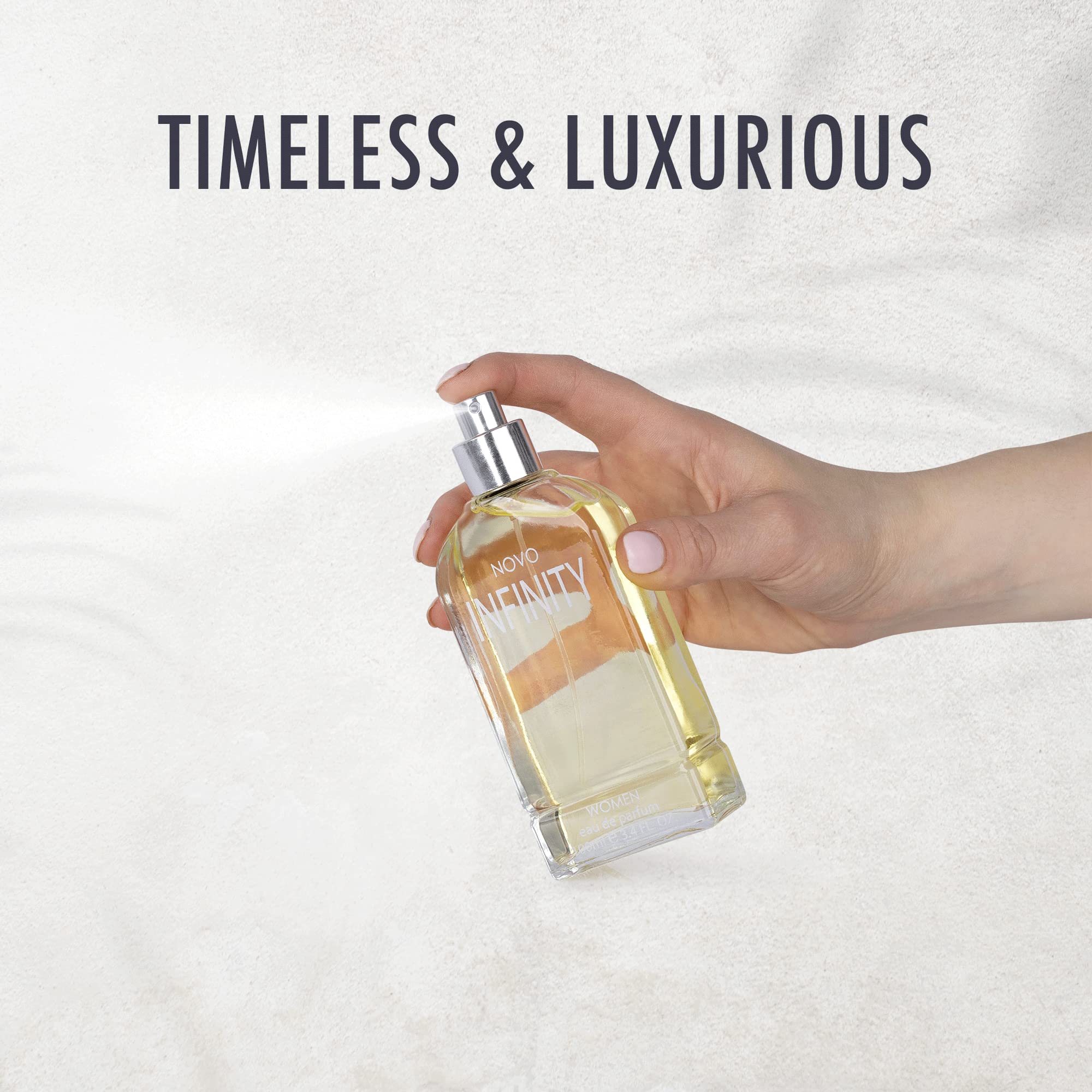 NovoGlow Infinity bottle reflecting light for a premium look.