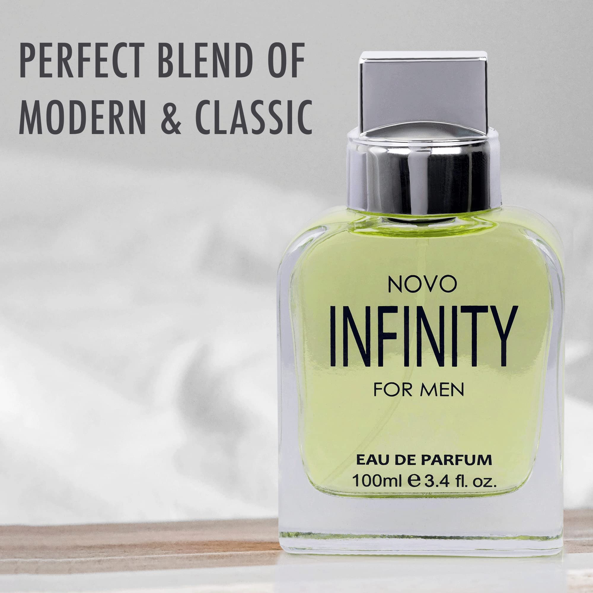 NovoGlow Novo Infinity bottle closeup highlighting elegant lines and lasting aroma.