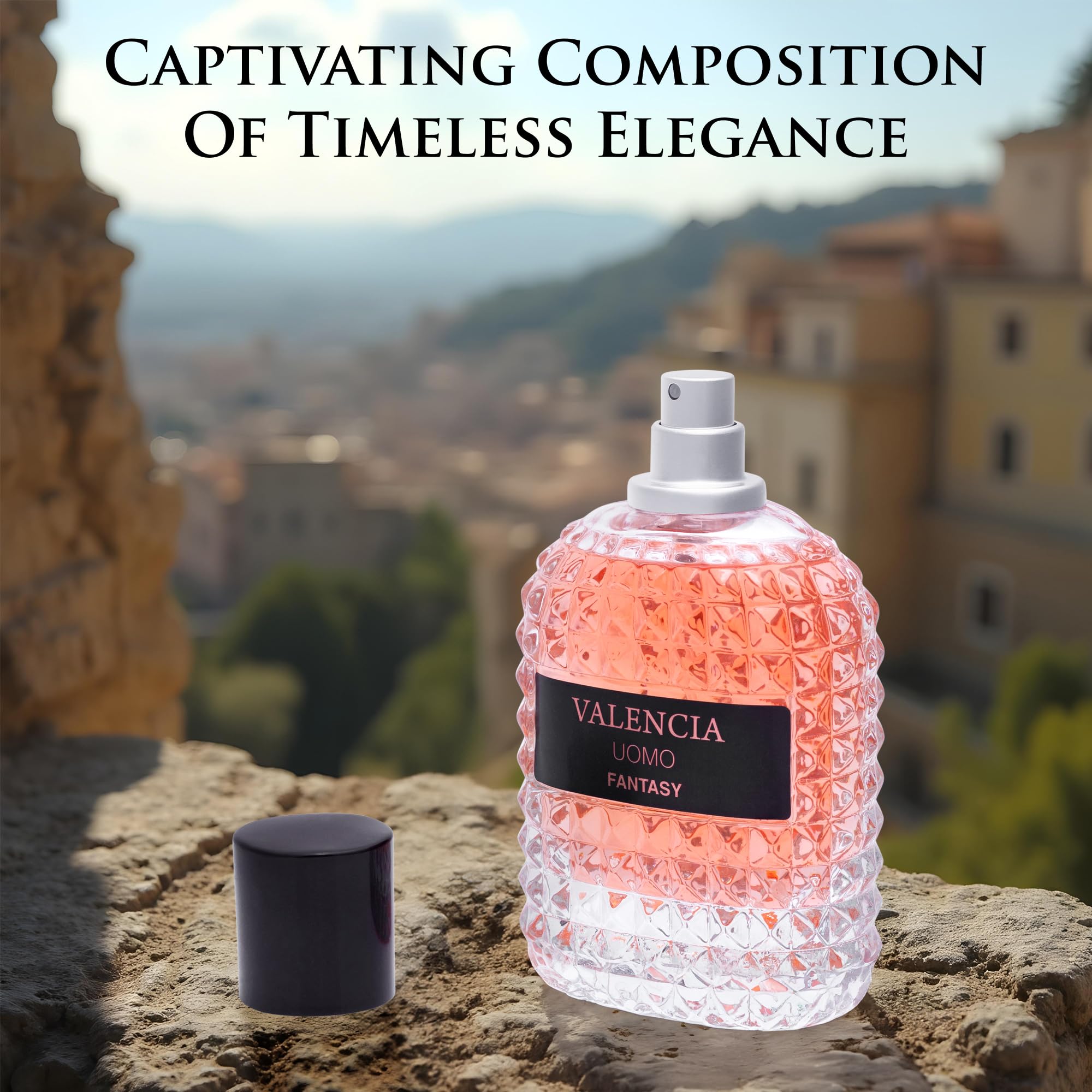 NovoGlow Valencia UOMO Fantasy ingredients notes card, emphasizes fragrance profile.