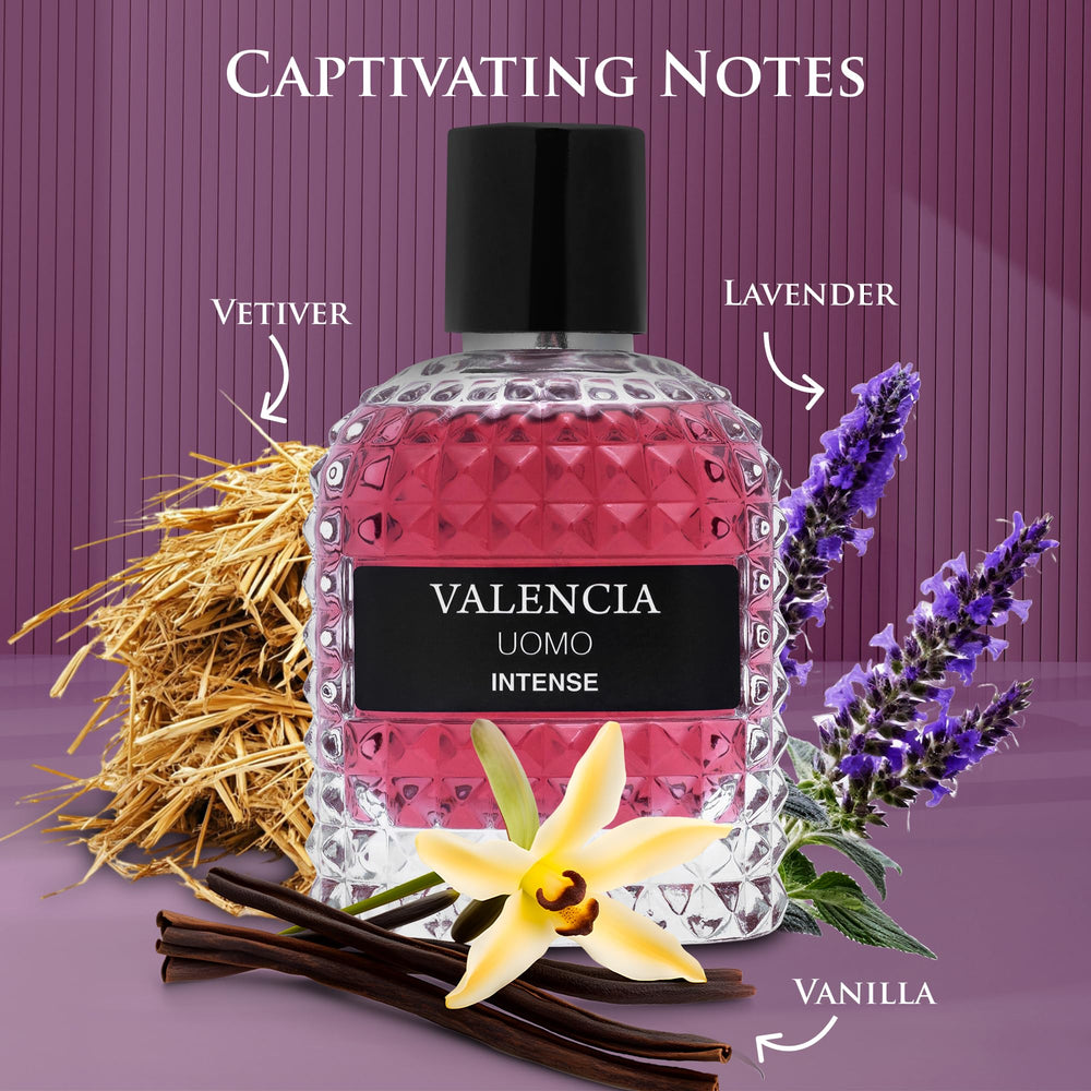 NovoGlow Valencia UOMO Intense close-up highlights vanilla bourbon top note and warm sweetness.