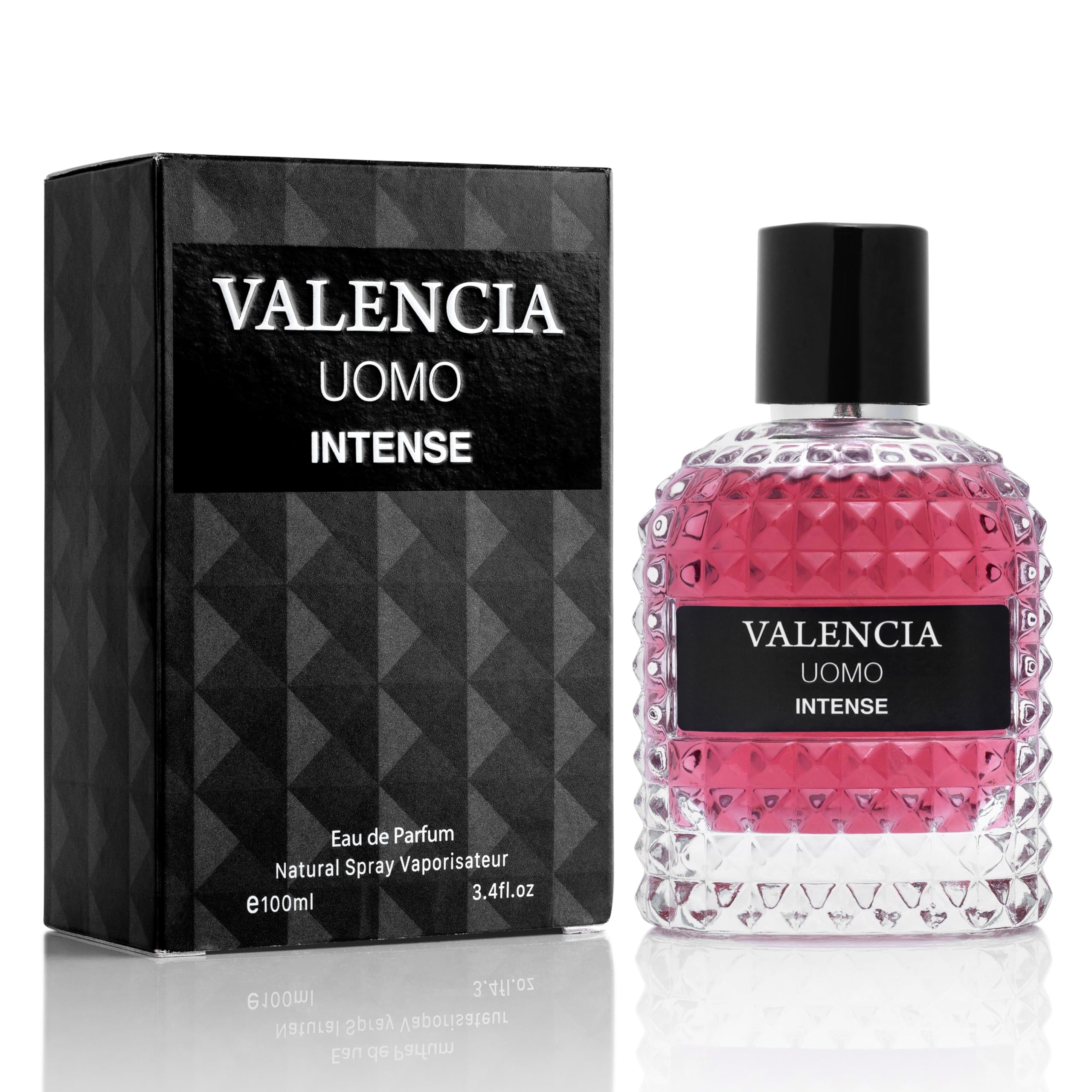 NovoGlow Valencia UOMO Intense bottle front reveals amber fougere elegance for confident evenings.