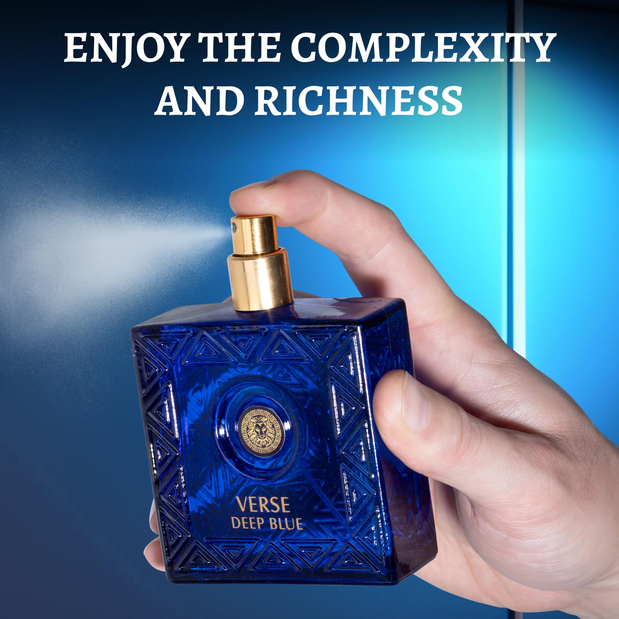 Front label of NovoGlow Verse Deep Blue bottle with fragrance details.