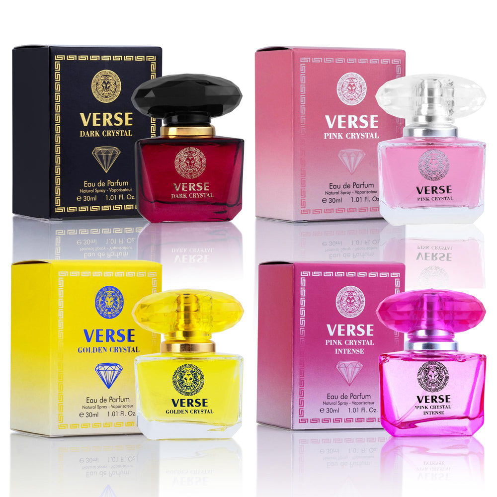 NovoGlow Verse Golden Crystal bottle on a vanity for daily elegance.