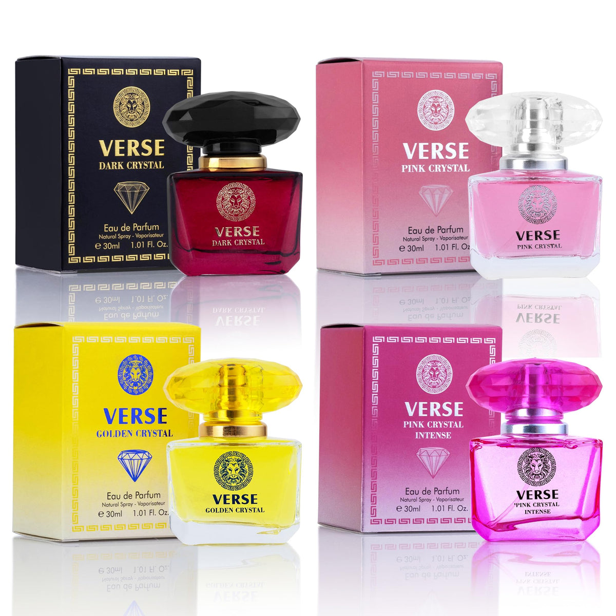 NovoGlow Verse Golden Crystal bottle on a vanity for daily elegance.