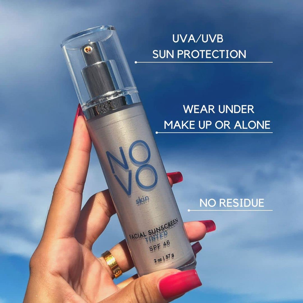 NOVO skin tinted moisturizer spread on skin yields even tone with dewy finish.