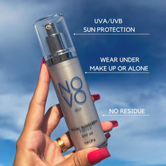 NOVO skin tinted moisturizer spread on skin yields even tone with dewy finish.