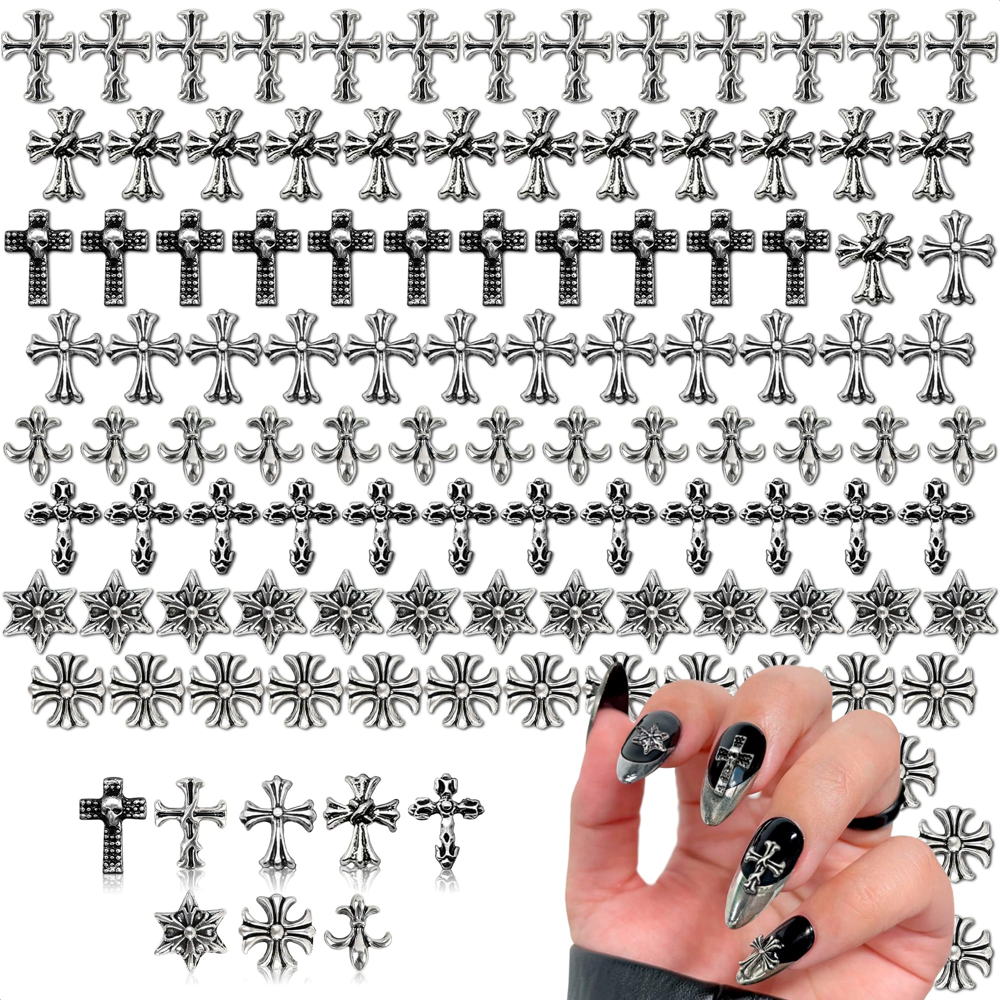 Novsix cross nail charms pack showcases chic 3D crosses for daily manicures.