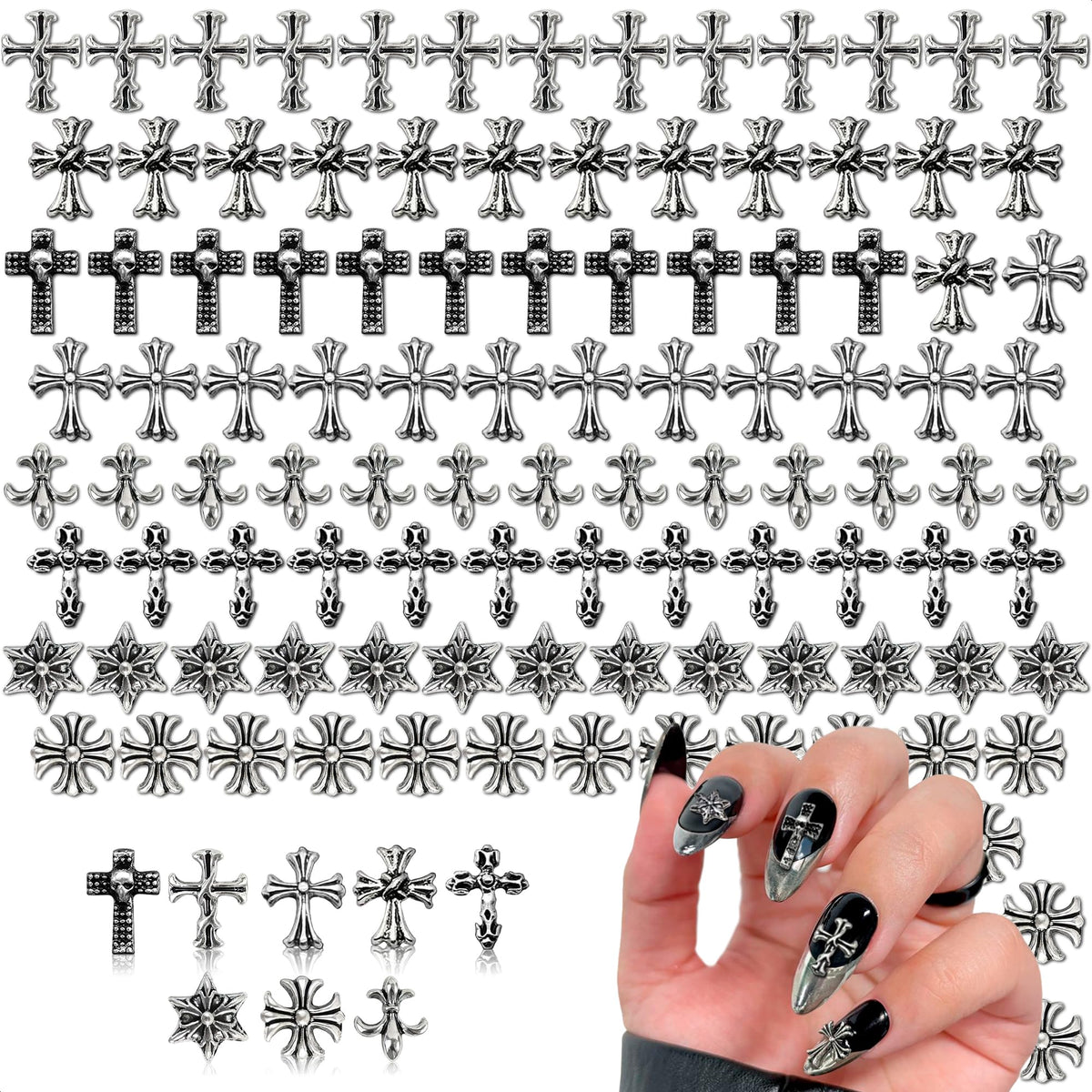 Novsix cross nail charms pack showcases chic 3D crosses for daily manicures.