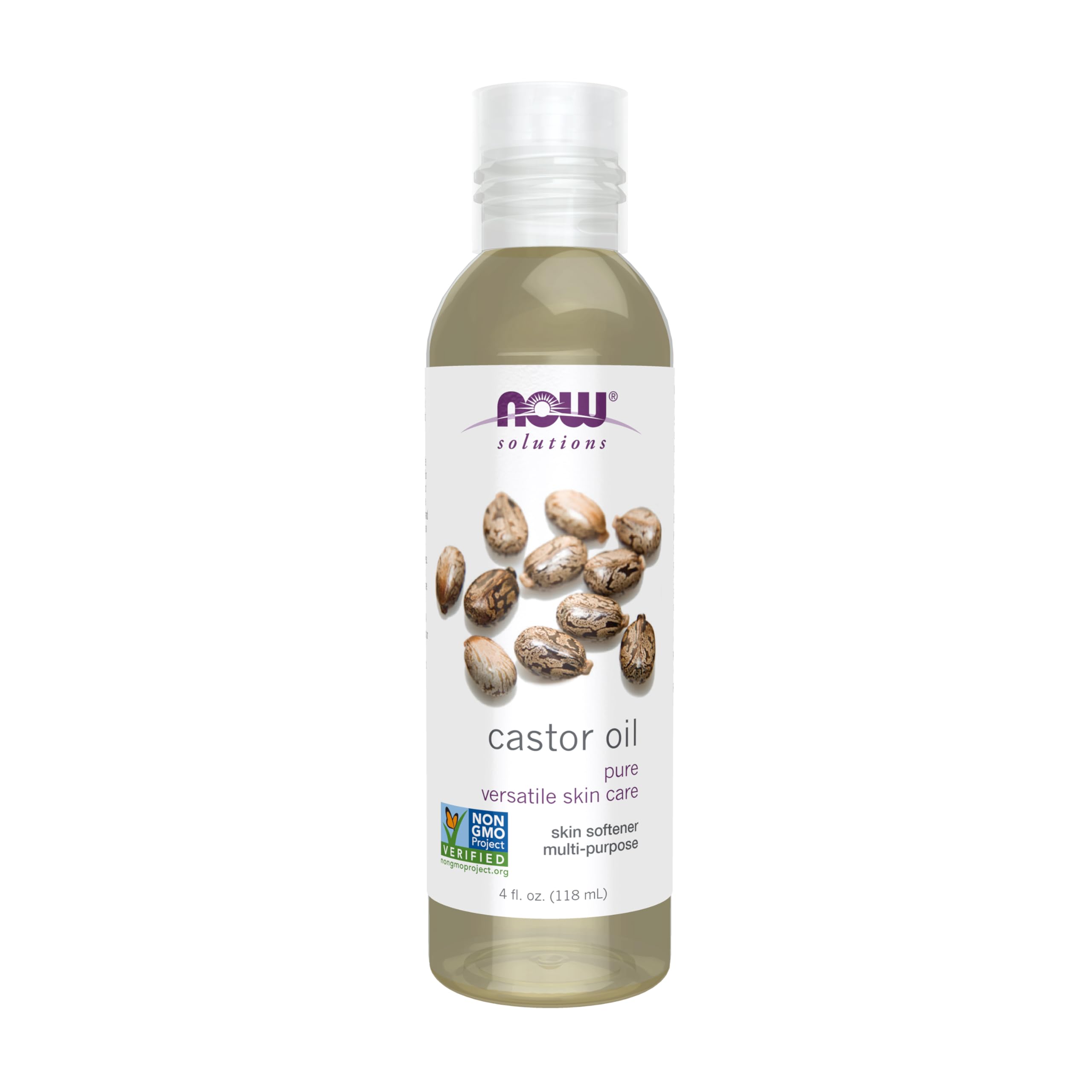 NOW Castor Oil bottle shows 100% pure formula for skin moisturizing and softening.
