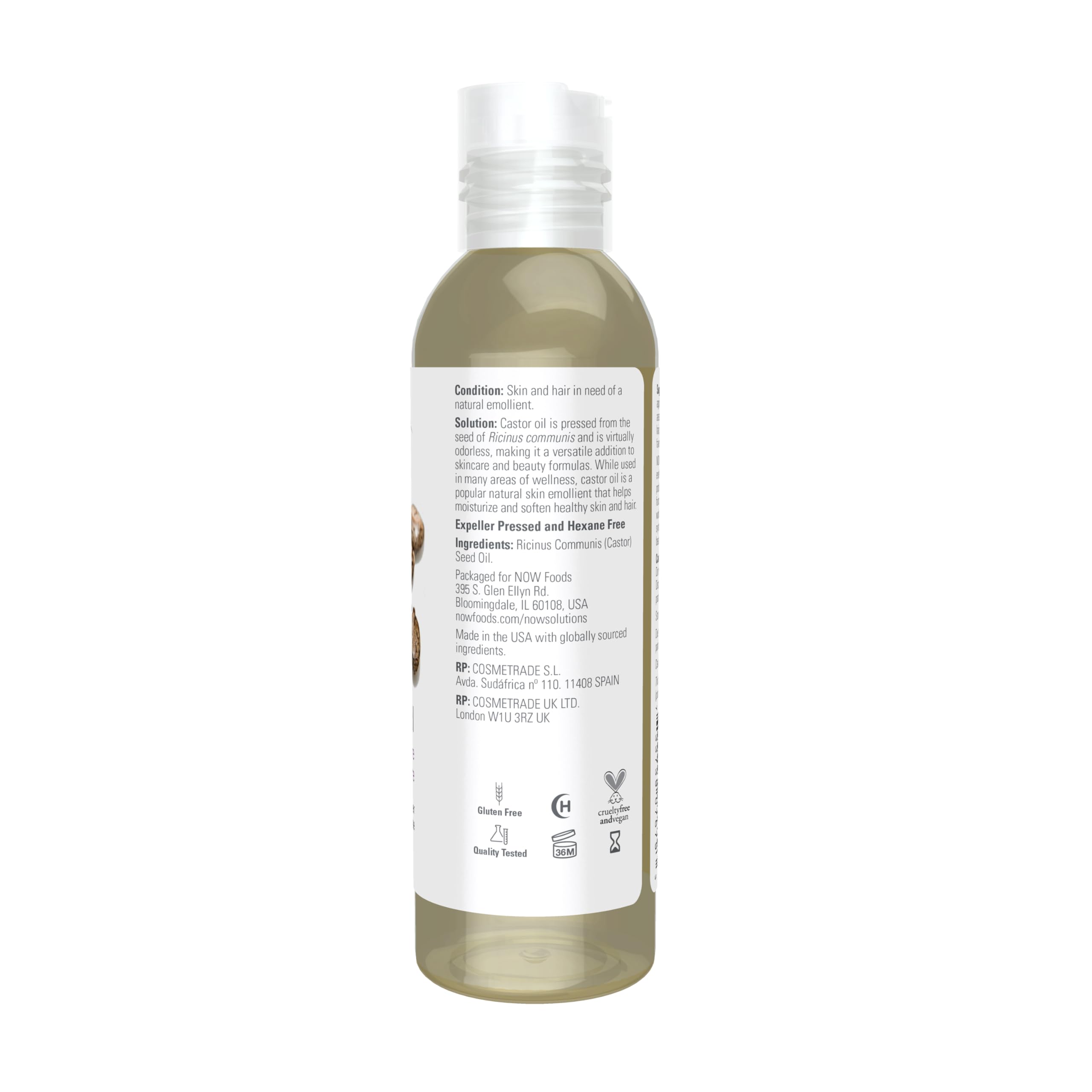 NOW Castor Oil emollient application demonstrates calming, hydrating skin care potential.