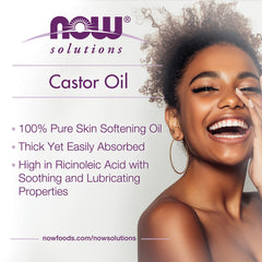 NOW Castor Oil non-GMO badge suggests clean, gluten-free formula for skin care.