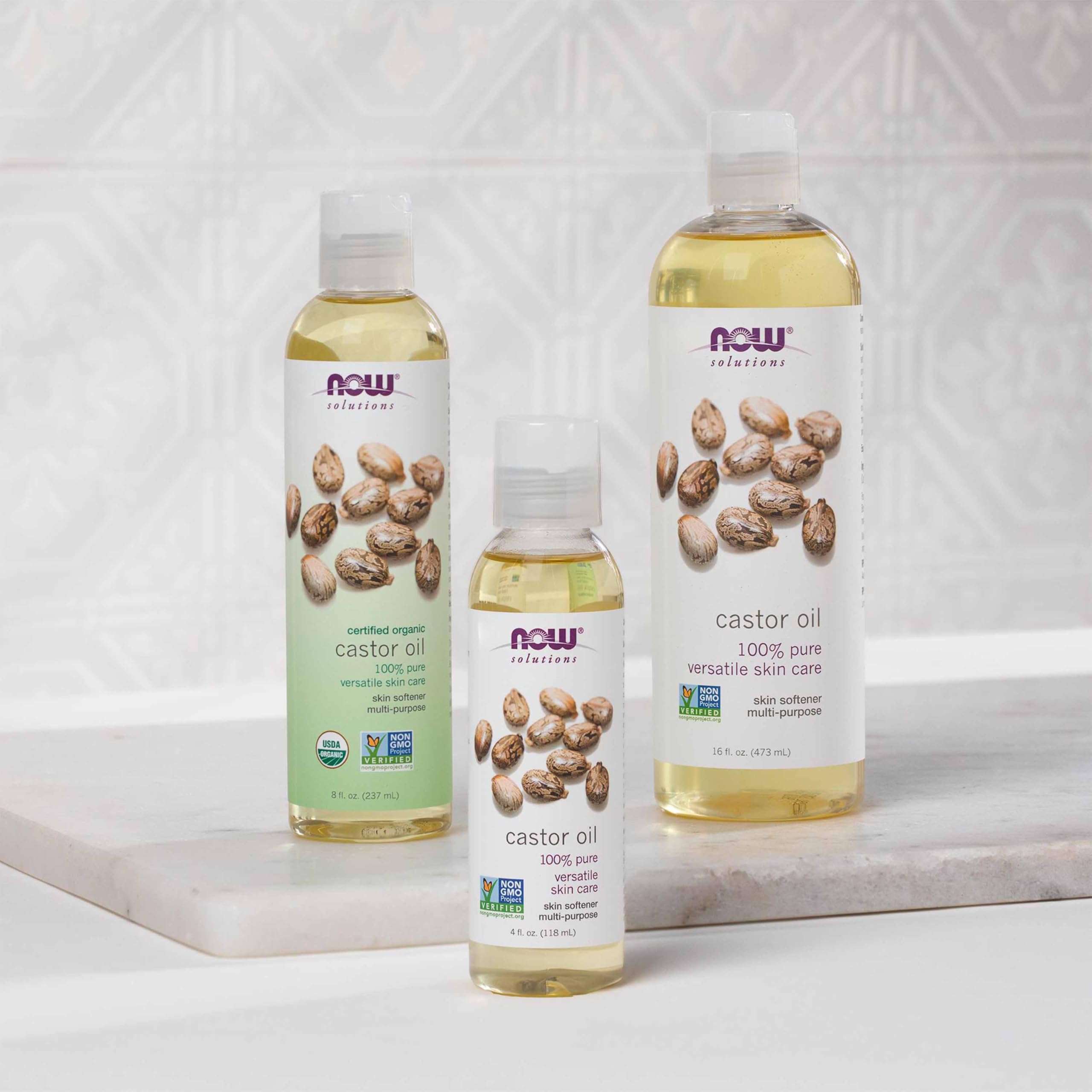 NOW Castor Oil USA-packaged label emphasizes domestic sourcing and care.
