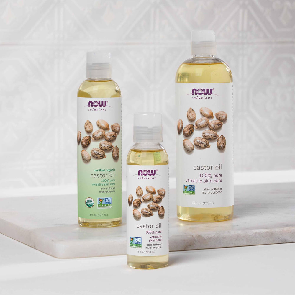 NOW Castor Oil USA-packaged label emphasizes domestic sourcing and care.